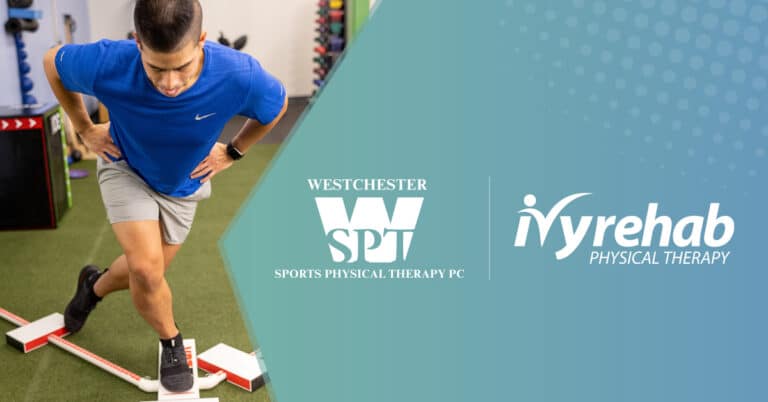 Man lunging with Ivy Rehab and Westchester Sports PT logos